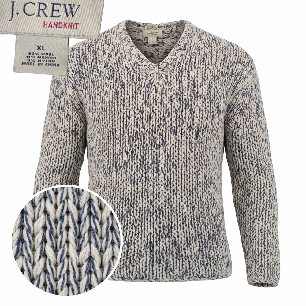 J. Crew Sweater Mens XL Blue Cream Wool Mohair Chunky Handknit V-Neck Marled